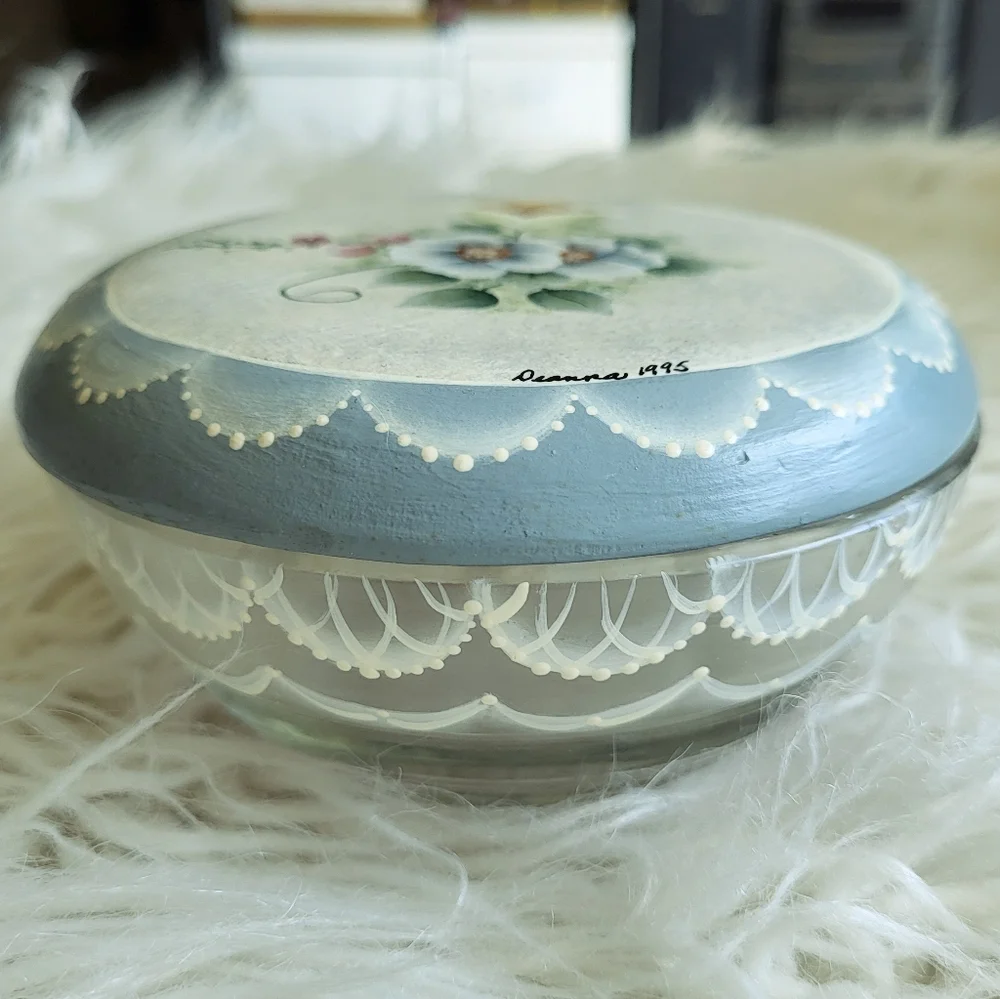 Vintage Hand-Painted Wooden Lid Glass Trinket Box – Signed & Dated 1995